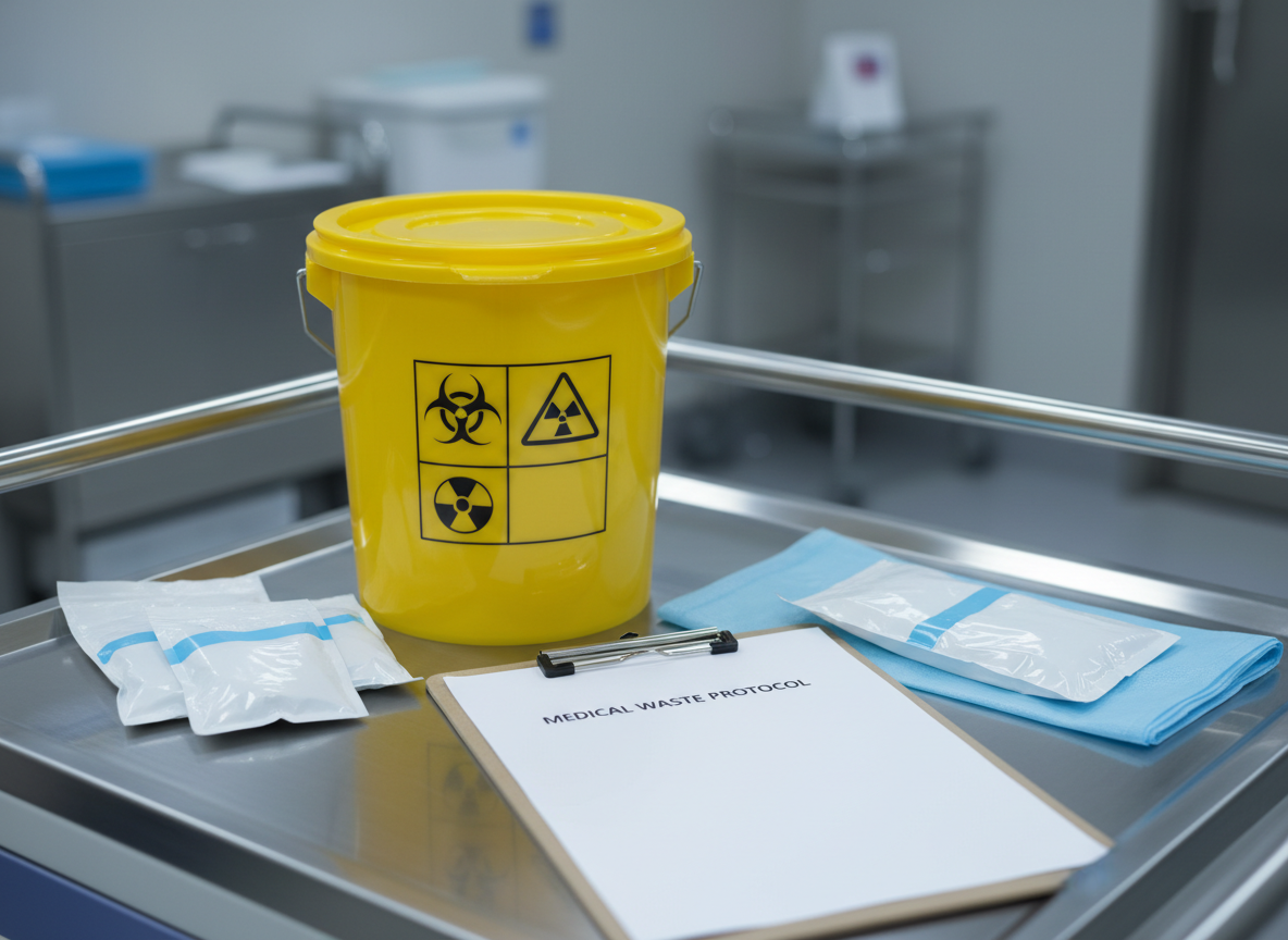 A close-up, photographic view of a multipurpose disposable yellow bucket with a secure snap-on lid and clearly printed hazard symbols, placed on a stainless steel medical trolley with a brushed metal texture. Around it are neatly arranged sealed medical pouches, a folded disposable apron, and a labeled clipboard resting flat. Cool, diffused overhead hospital lighting creates a clean, clinical glow, highlighting the bucket’s smooth plastic surface and faint reflections on the metal tray. The background softly blurs into neutral grey and white tones, suggesting a modern healthcare facility without visible people. The composition uses the rule of thirds, with the bucket slightly off-center, creating a calm, professional, and highly organized atmosphere in a realistic, corporate-photography style.