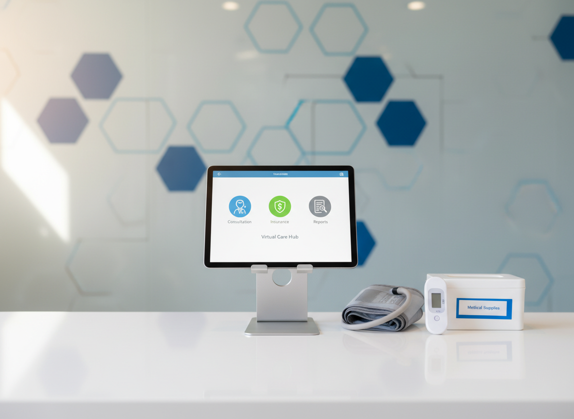 A clean, photographic depiction of a compact digital health clinic setup on a white counter: a tablet mounted on a minimalist stand shows a simple, user-friendly telemedicine interface with icons for consultation, insurance, and reports. Nearby, a wireless blood pressure monitor, a digital thermometer, and a small labeled storage box are neatly aligned on the surface. The background features a blurred wall with abstract blue and gray geometric shapes that hint at technology and healthcare integration. Soft, diffused natural light enters from the left, enhanced by subtle overhead illumination, producing mild reflections on the tablet screen and smooth, gentle shadows. The mood is calm, reassuring, and innovative. Shot at eye level with balanced composition and ample negative space to feel corporate, structured, and reliable.