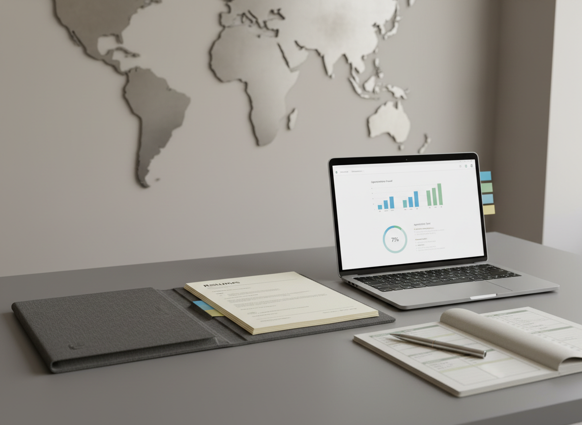 A precise arrangement symbolizing career counseling and job placement services: on a matte grey desk sits an open portfolio folder containing printed resumes with clean typography, next to a silver laptop displaying a minimalist job-matching dashboard of charts and progress bars. Color-coded sticky tabs, a slim metallic pen, and a structured weekly planner are meticulously aligned. Behind them, a muted world map made of raised metal outlines is mounted on a light taupe wall, slightly out of focus. Neutral white overhead lighting combines with soft window light from the right, casting crisp but gentle shadows that emphasize order. The composition uses the rule of thirds, with strong lines leading toward the laptop screen. The atmosphere is professional, methodical, and aspirational, rendered in realistic, corporate-style photography with restrained, neutral color tones.